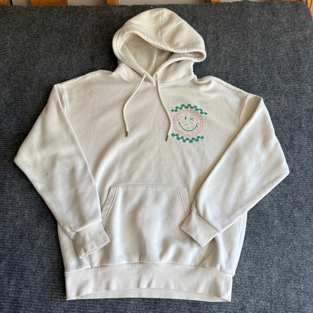 Smiley World Mens Pizza Hot N Fresh Graphic Hoodie Off White Cream Size M